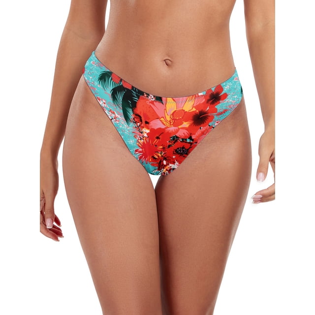 Ocean Blues Women's High Leg Bikini Bottom Mid Rise Swim Bottom Cheeky Floral Print Bathing Suit Bottom, Size L
