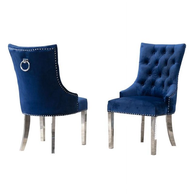 Double Tufted Navy Blue Velvet Side Chairs with Silver Stainless Steel Legs