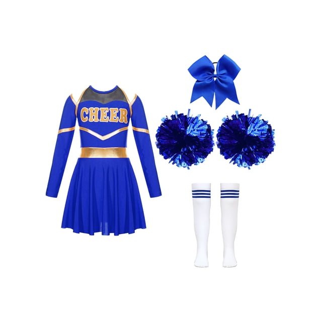 HULIJA Tenue de Pom-Pom Girl pour Filles Enfants Robe de Cheerleading à Manches Longues et Bas à Pompons Attache-Cheveux Tenue de Carnaval de Danse A Bleu 8