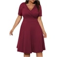 thumbnail image 1 of Robe Bohème Décontractée pour Femmes, Grande Taille, Col en V, Unie, Manches Courtes, Robe Évasée avec Poches, 1 of 1