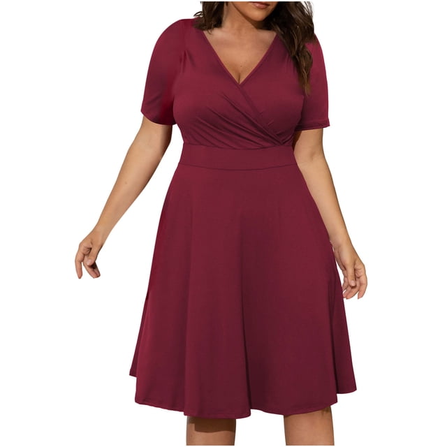 Robe Bohème Décontractée pour Femmes, Grande Taille, Col en V, Unie, Manches Courtes, Robe Évasée avec Poches