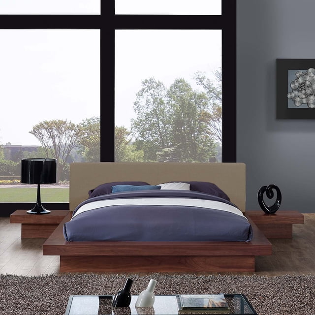 Modway Freja 3 Piece Queen Fabric Bedroom Set in Walnut Latte