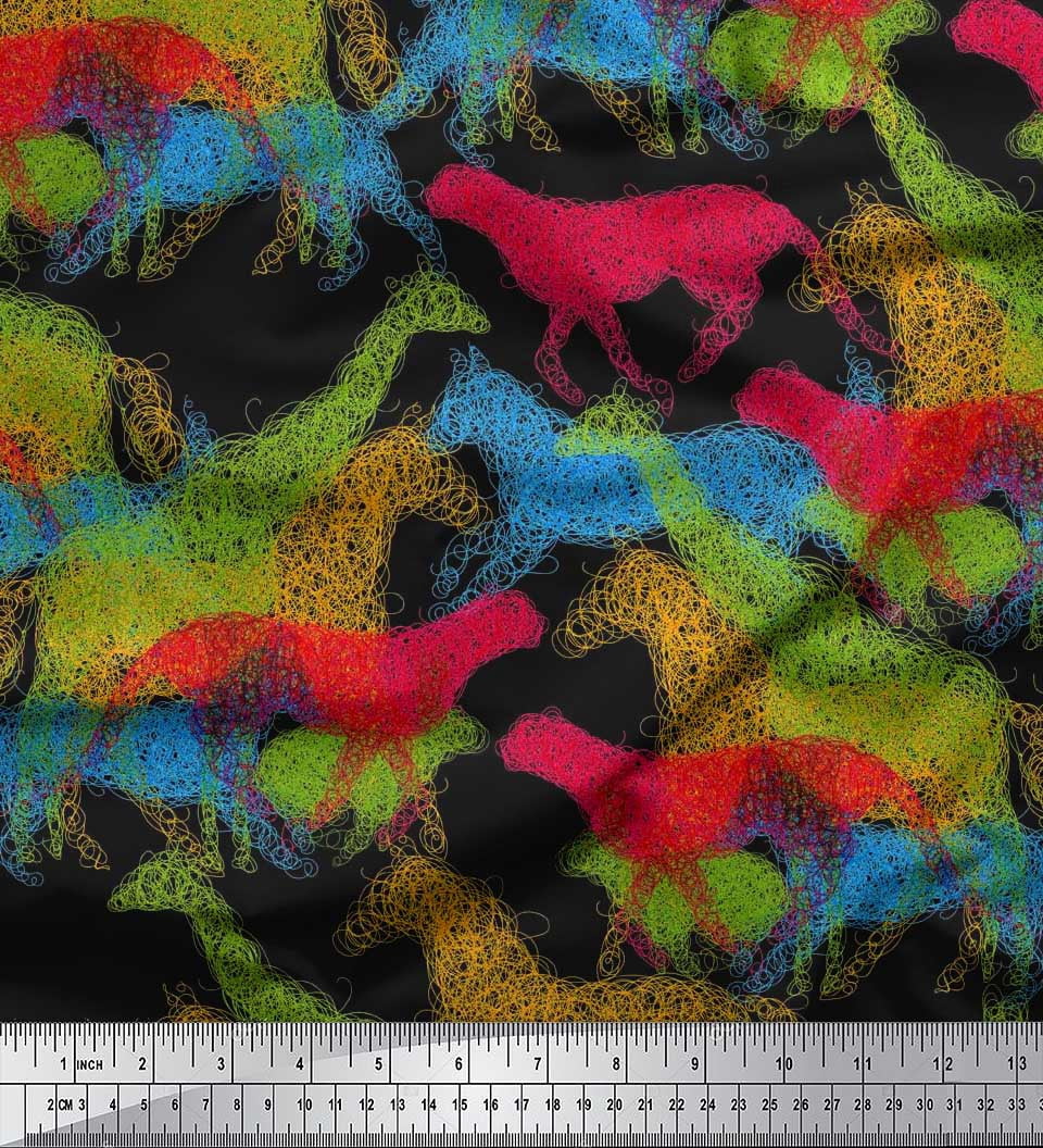 Soimoi Black Satin Silk Fabric Giraffe,Leopard & Horse Animal Print Sewing Fabric BTY 42 Inch Wide
