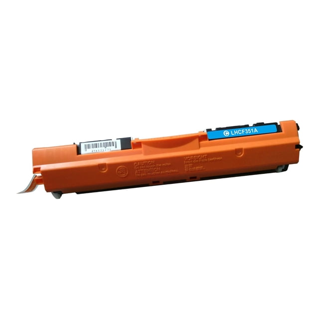 L-ink Cartouche de Toner Cyan Compatible HP 130A (CF351A) Présentée sous un angle 3/4 avec un Couvercle de Protection orange, Étiquette Bleue LHCF351A et Code-Barres, Compatible avec les Imprimantes HP LaserJet Pro et LaserJet Couleur, Offrant une Qualité d'Impression Nette et un Rendement de 1000 Pages.