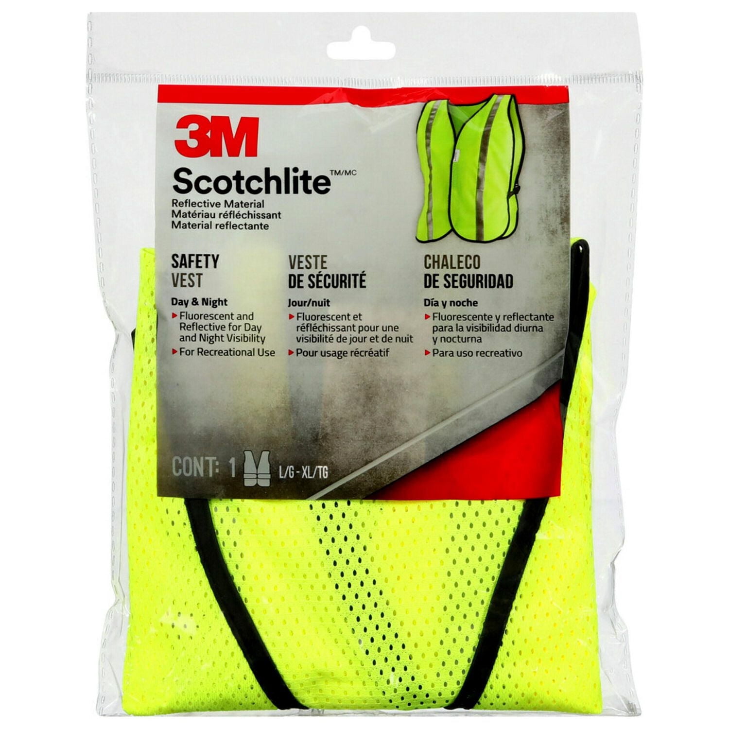 3M™ Scotchlite™ Reflective Material Safety Vest 94601H1-DC-CA, Day & Night, Yellow, L/XL, 1/Pack