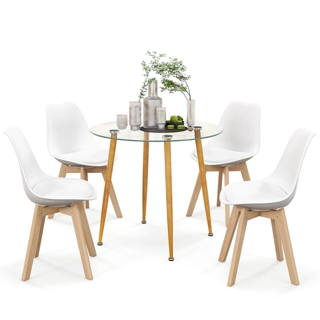 Costway Ensemble de Table à Manger pour 4 avec un design Moderne, un Plateau Rond en Verre Trempé et Quatre Chaises Blanches. la Table a des Pieds en Métal Robustes avec une Finition Effet grain de Bois, pendant Que les Chaises Ont des Dossiers Courbés en PP, des Pieds en Bois de Hêtre Massif et des Coussins en Cuir PU pour le Confort. Idéal pour les Salles à Manger, les restaurants Ou les Cafés, Cet Ensemble Allie Élégance et Fonctionnalité. les Chaises Peuvent Être Rentrées sous la Table pour Gagner de l'Espace.