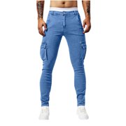 hotojiny Cargo Jeans Pants for Men Fall Fashion Slim Fit Comfy Stretch Denim Pants Casual Skinny Tapered Leg Jeans
