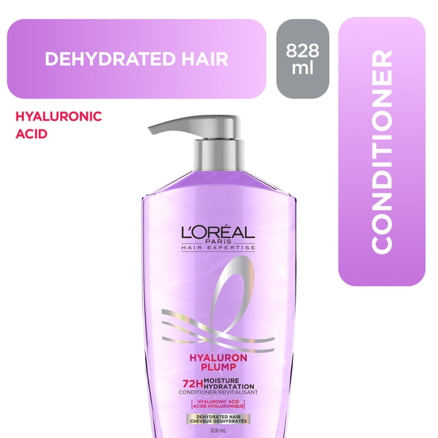 L'Oréal Paris Hyaluron Plump Moisture Conditioner 828 ml in a translucent purple pump bottle for dehydrated hair, enriched with hyaluronic acid to deliver 72 hours of hydration and moisture replenishment.