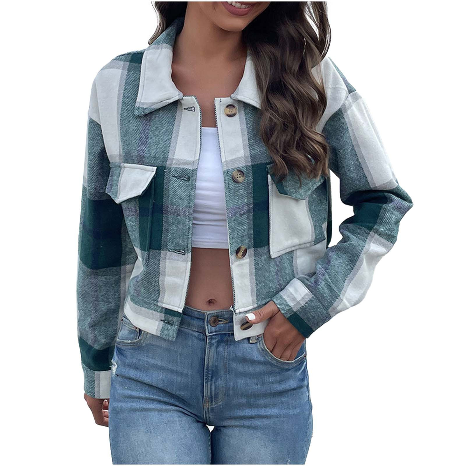Yuyuzo Womens Cropped Plaid Shacket Button down Short Flannel Shirt Jacket Coat Outwear with Pockets