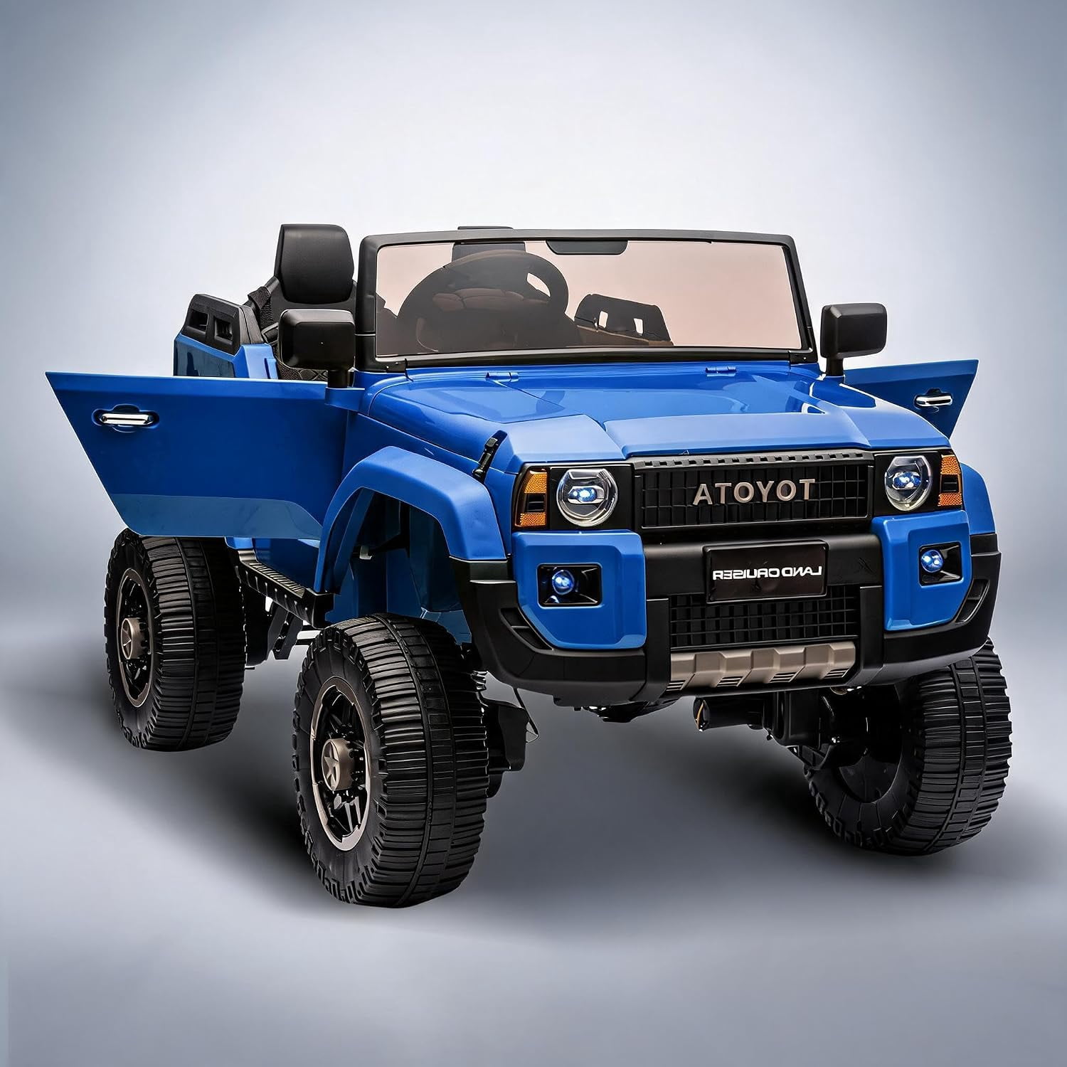 24V Licensed Toyota Land Cruiser Ride On Car, 2-Seater, Remote Control, 4WD/2WD, LED Lights, Bluetooth Music, Shovel, 110 lbs Capacity, Wheels Toy for Big Kids,Blue