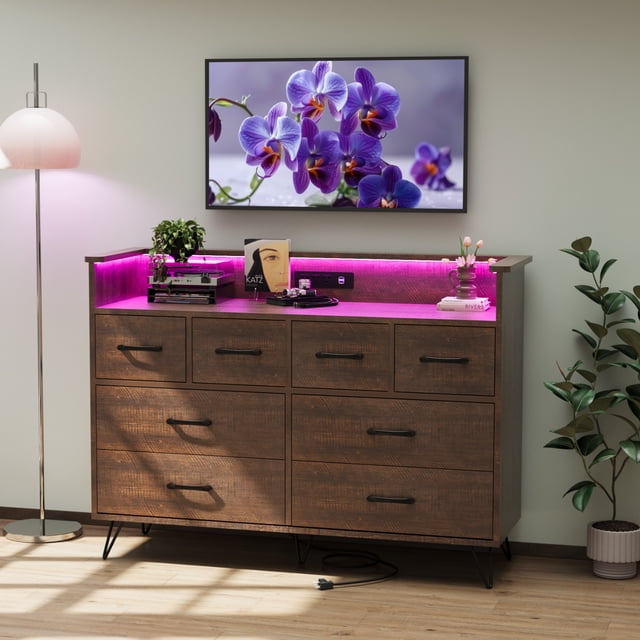 Modern 8-Drawer Dresser with LED Lights & Charging Station – Wooden ...