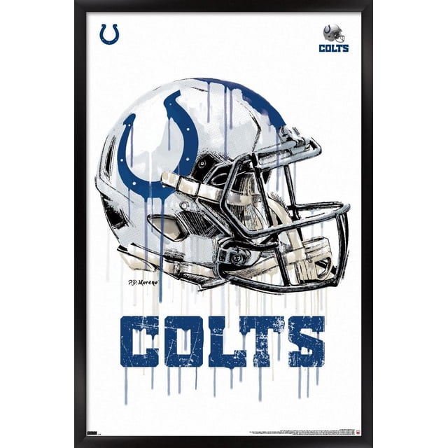 NFL Indianapolis Colts - Affiche Murale de Casque Anti-Goutte 20, 22,375 Po x 34 Po Représentant un Casque de football Blanc Orienté vers l'Avant avec un logo de Fer à Cheval Bleu et un Masque Facial Noir, avec Effets de Goutte de Peinture et Lettrage Colts Bleu Vieilli en Dessous, Imprimée sur Papier d'Affiche Lustré et Encadrée en Noir.