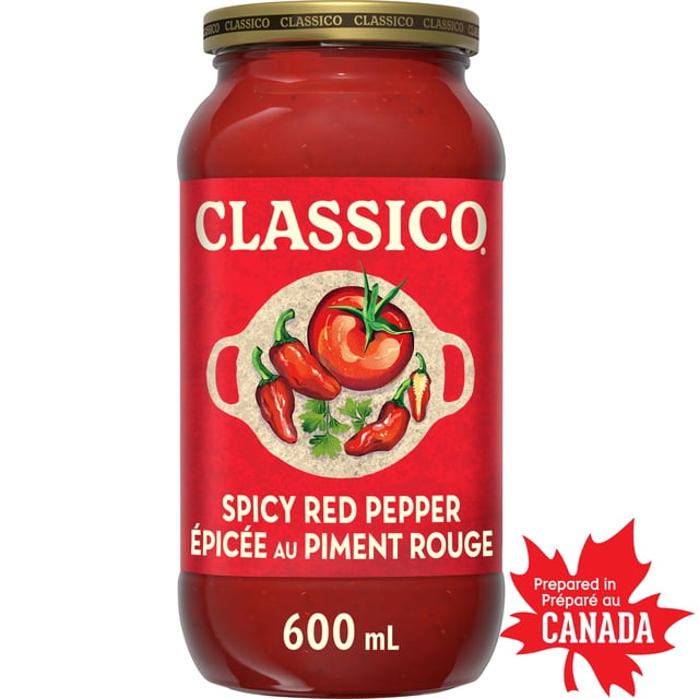 Classico Sauce pour Pâtes au Piment Rouge Épicé dans un Pot en Verre de 600 ml avec Couvercle Doré, Présentant une Étiquette Rouge avec des illustrations de Tomate, de Piments Rouges et d'Herbes, Préparée au Canada, Idéale pour des Plats de Pâtes d'Inspiration Italienne et comme Sauce à Trempette.
