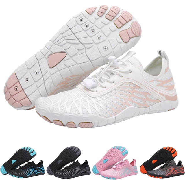 Chaussures Pieds Nus pour Femmes avec un design Léger et Respirant en Blanc avec accents Roses. Ces Chaussures de Randonnée et de Plage Antidérapantes Ont une Semelle flexible avec Propriétés Antiglisse, Offrant un Soutien de la Voûte Plantaire et un Confort Orthopédique. Plusieurs options de Couleur Sont Exposées, Y Compris Noir avec Bleu, Noir avec Gris, Rose avec Bleu et Noir avec orange. Convenant à la Randonnée, à la Marche et aux Activités de Plein Air.