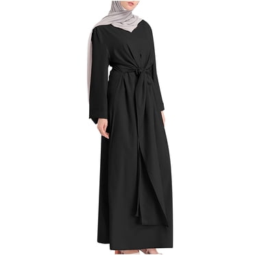 Robe Longue pour Femmes Élégante à Manches Longues avec Ceinture au Cou Robe Robe Unie Robe Vintage Élégante Évasée Caftan Mode Robe de Soirée