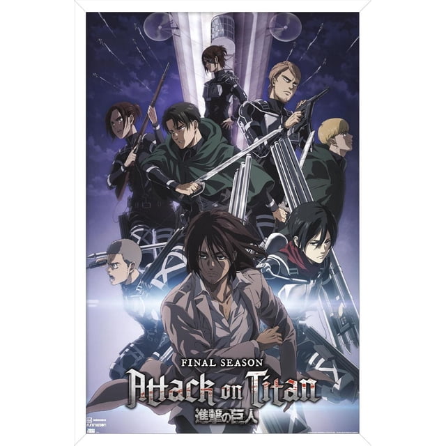 Attack on Titan : Saison 4 - Affiche Murale Key Visual 2, 22,375 Pouces x 34 Pouces, Représentant Plusieurs Personnages en Uniformes Militaires avec Équipement de Manœuvre 3D Posé Dynamiquement devant une Haute Tour sous un Ciel Sombre et Nuageux, Imprimée sur Papier Lustré pour une Déco Murale Audacieuse.