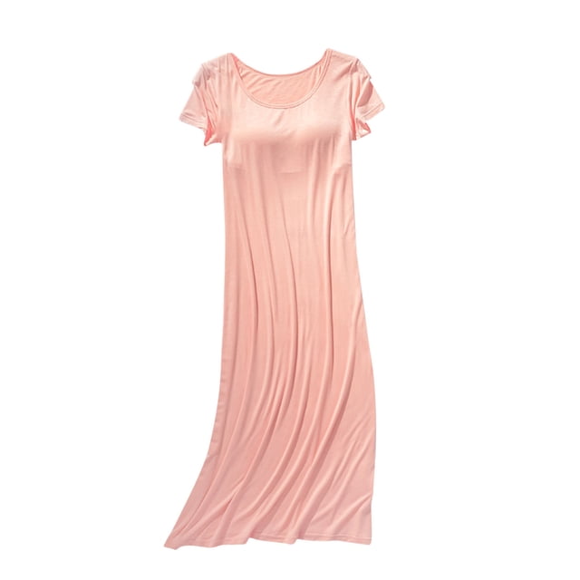 AherBiu Nuisettes pour Femmes avec Soutien-Gorge Intégré Manches Courtes Col Ras du Cou Pyjamas Vêtements de Nuit Confortables Doux Longue Robe de Nuit