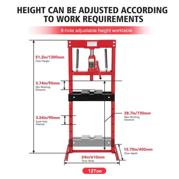 12-Ton H-Frame Hydraulic Shop Press with Adjustable Worktable & Safety Valve – Heavy Duty Benchtop Press for Bearings, Bushings, Metal Bending – Garage & Workshop Equipment 12T