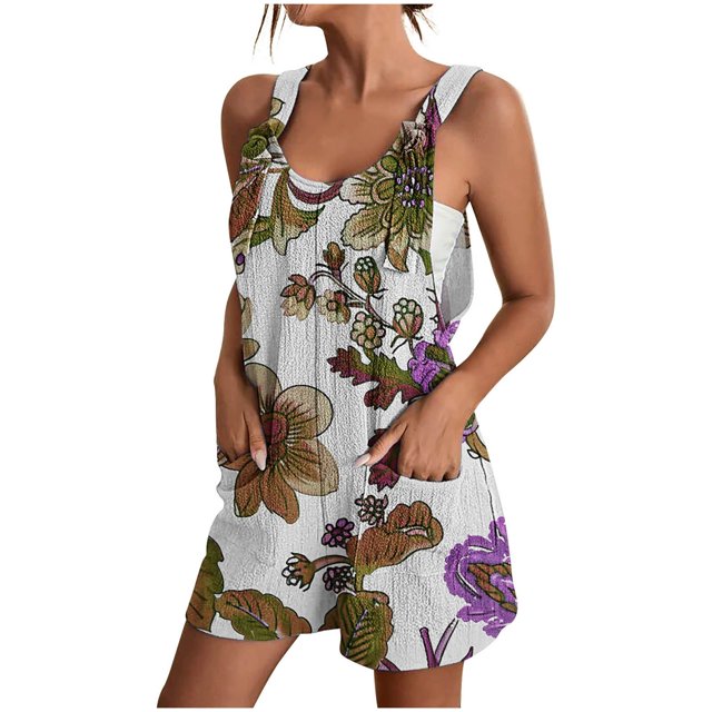 Pisexur Combinaison Casual Plus de Taille pour Femmes Summer Floral Sans Manches Barboteuse Sangle Spaghetti Réglable en Vrac Short Extensible une Pièce Combinaisons avec Poches S-3XL