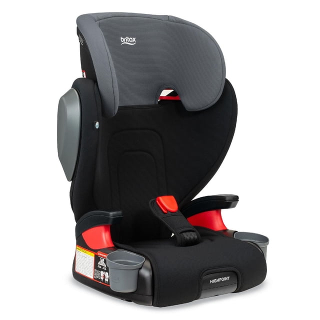 Britax Highpoint Siège Rehausseur Sans Dossier avec Positionnement de Ceinture en Dégradé Noir SafeWash Comprenant un Tissu Noir et Gris Foncé, une Pince de Ceinture Rouge, Deux Porte-Gobelets Gris, des Accoudoirs Rembourrés et un Appuie-Tête Profilé avec logo Britax, Conçu pour les Enfants de 40 à 120 Lb et jusqu'à 63 Pouces de Hauteur.