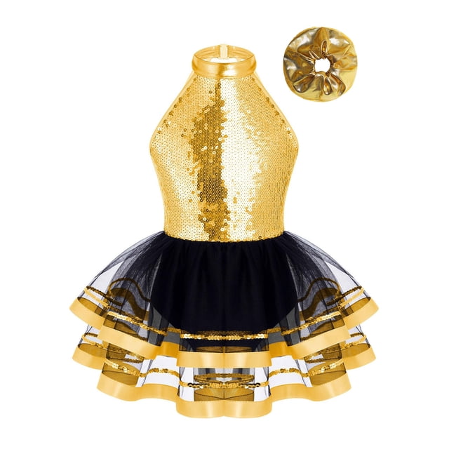 iiniim Robe Tutu de Ballet Scintillante pour Filles Enfants Tenue de Danse Moderne Jazz Latin Costume de Performance sur Scène avec Ensemble de Chouchous pour Cheveux Or 12