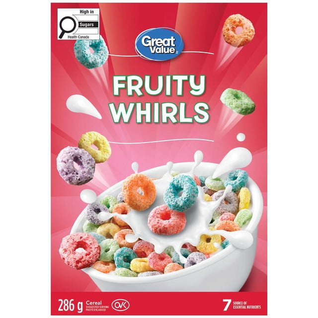 Great Value Fruity Whirls Cereal with colorful ring-shaped pieces splashing in milk in a white bowl on a red background, a family-friendly breakfast source of 7 essential nutrients and kosher certified, weighing 286 grams.