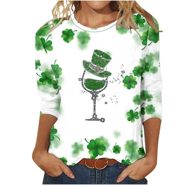 AherBiu T-Shirts à Manches 3/4 de la Saint-Patrick pour Femmes Grande Taille, T-Shirts Imprimés Trèfle, Hauts, Tees