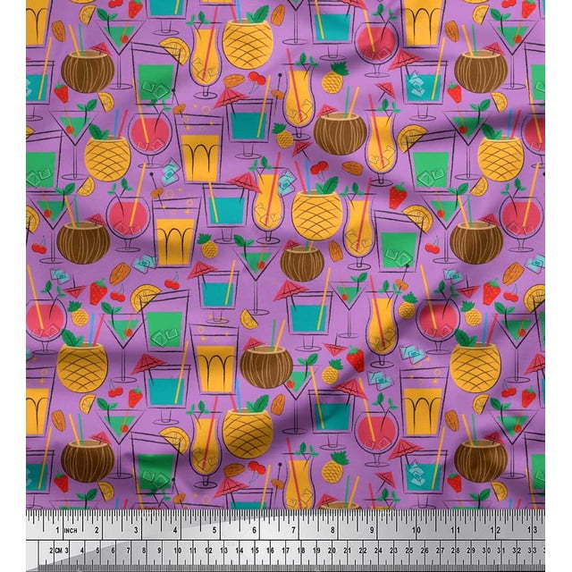 Soimoi Poly Georgette Fabric Straw,Glass & Coconut Drink Summer Designs Decor Fabric Printed Yard 42 Inch Wide