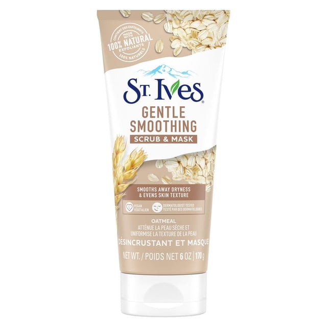St. Ives Exfoliant et Masque Facial à l'Avoine en tube beige et Blanc de 170 g avec Graphiques d'Avoine, Comprenant des exfoliants 100 % Naturels, Y Compris de la Poudre de Coquille de Noix et de l'Avoine, Testé par des Dermatologues, Végétalien, Conçu pour Lisser la Sécheresse et Uniformiser la texture de la Peau pour une exfoliation et un Masquage Doux du Visage.