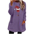 thumbnail image 1 of Pisexur Fuzzy Chandails de Noël pour Femmes Doublés en Molleton à Manches Longues à Col Rond Chandail d'Hiver Chaud Imprimé Verres de Vin Rouge Chandail de Noël à Enfiler Hauts avec Poches, 1 of 4
