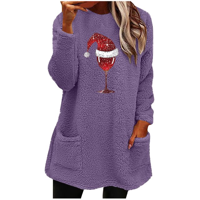 Pisexur Fuzzy Chandails de Noël pour Femmes Doublés en Molleton à Manches Longues à Col Rond Chandail d'Hiver Chaud Imprimé Verres de Vin Rouge Chandail de Noël à Enfiler Hauts avec Poches