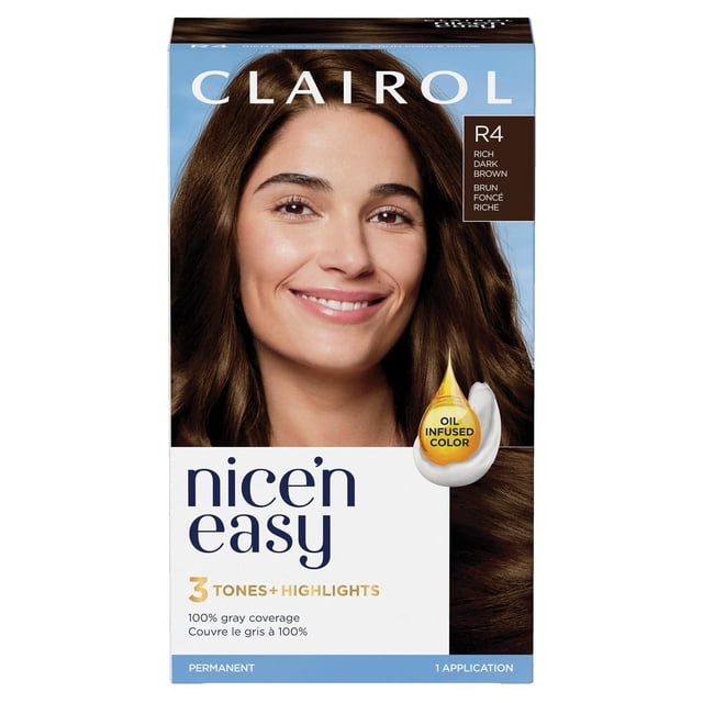 Clairol Nice'n Easy Teinture Capillaire Permanente Brun Foncé Riche R4, Comprenant 3 Tons et Mèches avec une Couleur Infusée d'Huile pour une Couleur de Cheveux Permanente d'Apparence Naturelle et une Couverture de 100 % des Cheveux Gris en une Seule Trousse d'Application.