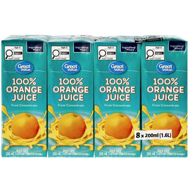 Great Value Orange Juice from concentrate pack of four 200 ml cartons with teal packaging featuring an orange splash graphic, labeled pulp free and an excellent source of vitamin C, with Health Canada high sugar content warning, suitable for chilled serving.