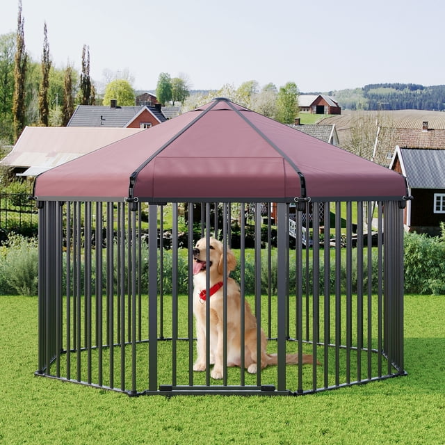 Yiwa Heavy Duty Outdoor Dog Kennel Offers a Spacious Foldable Design With a Hexagonal Metal Structure, Lockable Gate For Safety, And a Weatherproof Canopy Roof, Suitable For Pets In Backyards
