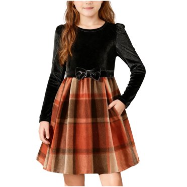 Girls' Long Sleeve Velvet Plaid Panelled Holiday Party Dress with Pockets