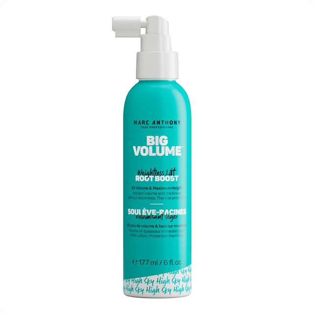 Big Volume™ Vaporisateur Rehausseur de Racines Ultraléger par Marc Anthony en Bouteille turquoise de 177 ml (6 fl oz) avec Embout de Pulvérisation Blanc, Offrant jusqu'à 2X de volume et un maximum de Rehaussement des Racines pour Cheveux Fins et Mous, avec protection Thermique et Formule Non Collante et Non Desséchante Adaptée au Coiffage à Sec Ou Humide, Souvent Utilisée pour Ajouter un Rebond flexible et de la Brillance.