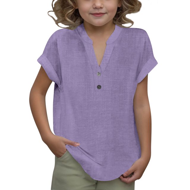 DecSea Linen Shirts for Kids 2025 Summer Button Down V Neck Short Sleeve Tops Casual Solid Blouses