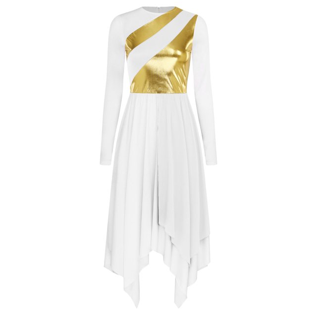 RUNQHUI Robe de Danse Or Métallique pour Femmes Robe d'Église Jupe de Culte Blanche TTG