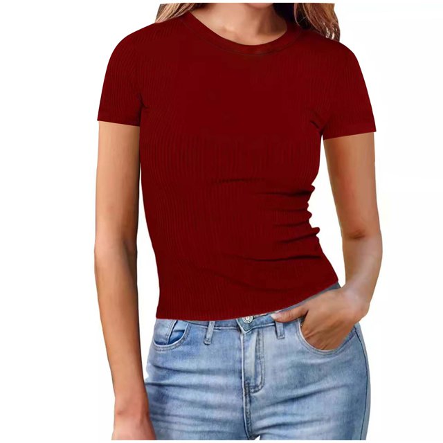 Plebaso Women's Basic T Shirts Ribbed High Neck Slim Tee Shirts Short Sleeve Casual Solid Color Tshirts