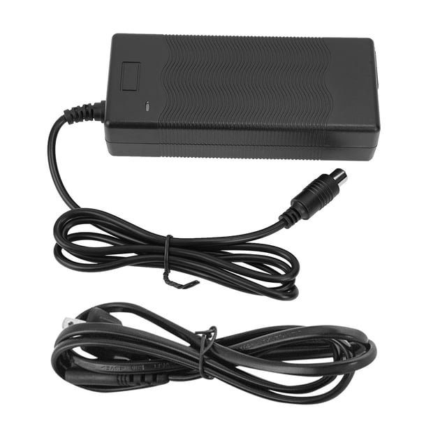 Cergrey Battery Charger, a black 42V-2000MA electric scooter charger with a compact rectangular design, suitable for Xiaomi M365 and Ninebot S1/S2/S4 foldable electric scooters. Includes a power cord and DC charging cable with a 10mm x 8mm outer diameter and 5.5mm inner diameter. Features an LED charging indicator that displays red while charging and green when fully charged. Compatible with 36V lithium batteries and designed for quick charging, with an approximate charging time of 2.5 hours for a 7.8AH battery.