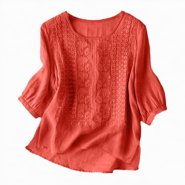WUANDIXFA Chemises à Manches Longues pour Femmes Chemises en Lin pour Femmes Rétro Broderie Été Amples T-Shirts à Manches 3/4 Tuniques Hauts Blouses Décontractées Vêtements Boho Orange,2TG