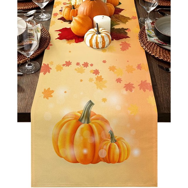 Table Runner 72 Inches Long for Dining Room Thanksgiving Washable Burlap Linen Tabletop Collection for Party Dinner Holidays Harvest Pumpkin Maple Leaves