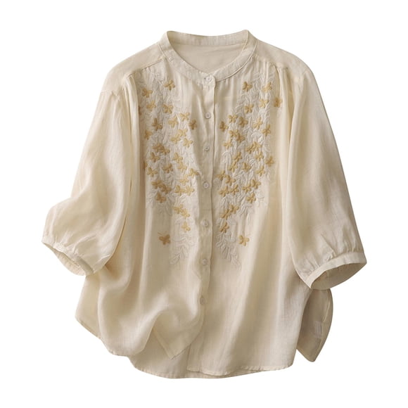 Yanlir Women's 3/4 Sleeve Embroidered Stand Collar Tops Cotton Linen Button Blouse Loose Fits Casual Bohemian Style Summer Wear(Beige,M)