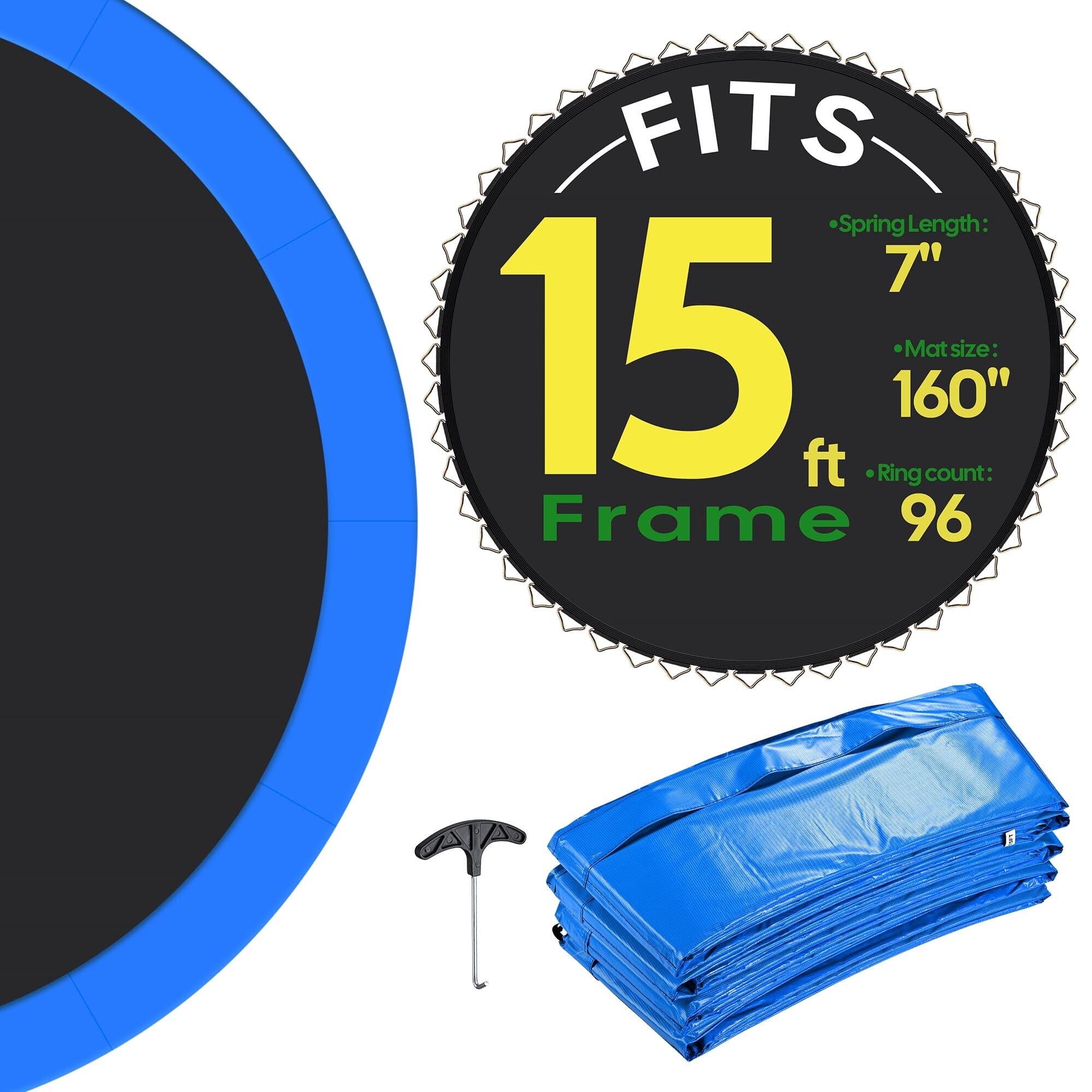 Yescom Trousse de Remplacement de Tapis et Coussin de Trampoline avec Anneau 96V pour Cadre de Trampoline Rond de 15 Pi Bleu