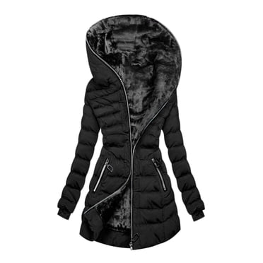XZNGL Black Jacket Zip Up Womens Winter Hooded Warm and Velvet Cotton Jacket Mid-Length Coat Black Quilted Jacket Womens Winter Jacket Black Womens Jacket Long Velvet Coat Long Womens Coat