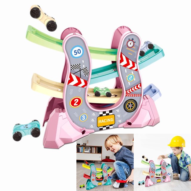 LNGOOR Car Track Toy Compact Racing Car Track Set Assembly Track Car Toy Durable Children Car Track Toy for Gifts Indoor or Outdoor Kids Children(Pink 4-Layer Track)