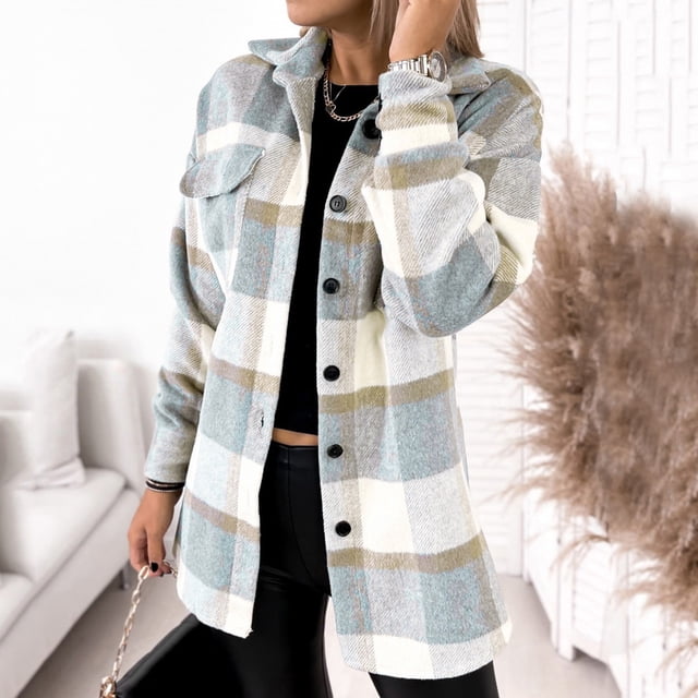 jsaierl Women's Button Down Flannel Shirts Plaid Shacket Long Sleeve Collared Jacket Coats with Chest Pockets