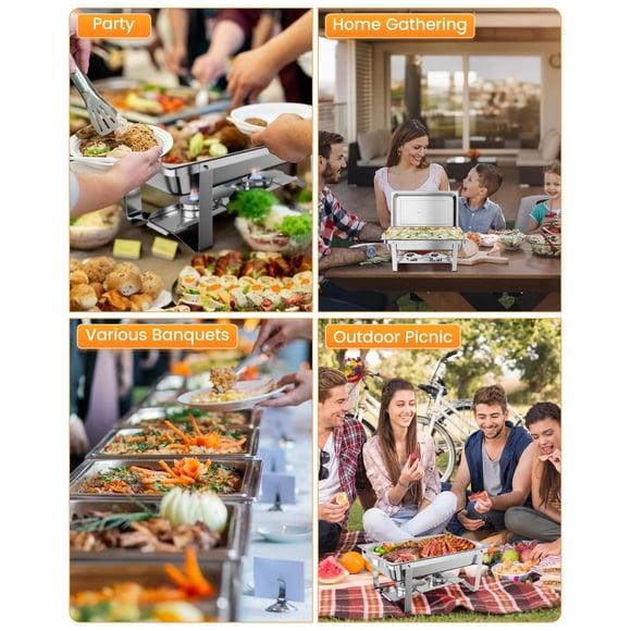 Professional Buffet Food Warmer Set - 4 Pack 8QT Rectangular Stainless Steel Chafing Dishes with Lid Holders - Portable Chafer Servers for Kitchen, Parties, Banquets, Catering Events - Four-piece Set