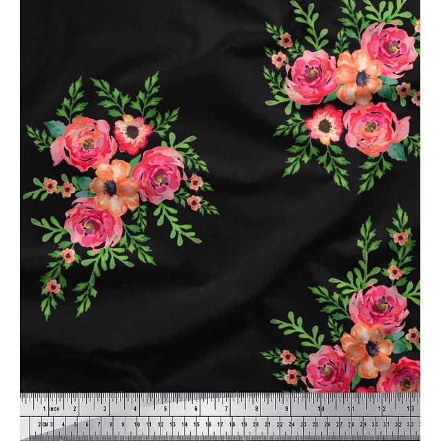 Soimoi Black polyester Crepe Fabric Flower Floral Print Fabric By Yard 42 Inch Wide