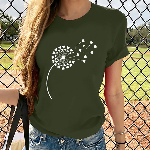 Meichang T-Shirts Graphiques Tendance pour Femmes Nouveauté Drôle Mignon T-Shirts à Imprimé Pissenlit Décontractés Col Rond Manches Courtes T-Shirts Légers Hauts